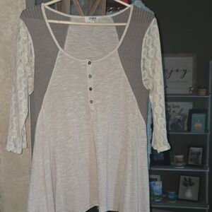 Umgee Beige and Taupe Lace-Sleeve Henley